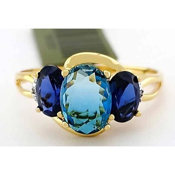 Genuine 1.76 Cts Blue Zircon, Blue Sapphire & Diamond Ring 10k Gold - Picture 1 of 5